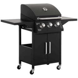 Outsunny Gasgrill BBQ mit 3 Brennern je 3 kw mobiler Grillwagen mit 4 Rädern Grillnetz Seitentischen Druckminderer Schläuche Schrank Multifunktion Stahl Schwarz 121 x 55 x 109 cm