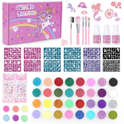 Highttoy Glitzer Tattoo Set Mädchen, 38 Farben Einhorn Leuchtende Temporäre Glitzertattoos Kinder, 150 Schablonen, 5 Pinsel, 3 Kleber, 2 Glitzeraufkleber, 1 Schwammtuch Geschenk für Geburtstag Party