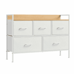 SONGMICS Kommode, Schrank, 5 Stoffschubladen mit Griffen, Metallgestell, Industrie-Design, wolkenweiß-eichenbeige LTS135W01