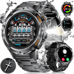 ESFOE Smartwatch Herren Militär mit Taschenlampe/530mAh Akku,1,43'' AMOLED Stahl Gear Smart Watch mit Telefonfunktion, 5ATM Wasserdicht Fitnessuhr Sportuhr mit 132 Sportmodi für Android iOS (2 Bänder)