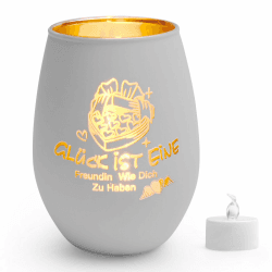 Geschenk für Freundin Geburtstag, Windlicht aus Glas mit Gravur-Glück, Led Kerzen und Glückwunschkarten, Geschenk für Freundin Teelichthalter mit Gravur, kleine Geschenke für Frauen