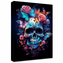 Bunte Blumen und Totenkopf Leinwand Bilder Mit Rahmen Schmetterling und Skelett Wandbilder Wandkunst bild auf Leinwand Malerei Galerie Korridor Schlafzimmer Badezimmer Wanddekoration 30x40cm