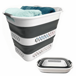 SAMMART Zusammenklappbarer Wäschekorb aus Kunststoff, 40 l, faltbarer Pop-Up-Aufbewahrungsbehälter/Organizer, tragbarer Wäschesammler, platzsparend (1, Weiß/Stahlgrau)