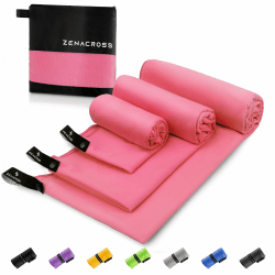 ZENACROSS Mikrofaser Handtuch (3er-Set) mit Transportbeutel - Schnelltrocknendes und vielseitiges Fitness Handtuch - Sporthandtuch Größen S, M, L - Rosa