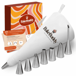 BakeBuddy Premium Spritzbeutel Set (11-teilig) - 35cm Baumwolle Spritzbeutel mit Tüllen aus Edelstahl zum Dekorieren von Torten, wiederverwendbar und spülmaschinenfest, inkl. Adapter & Geschenkbox