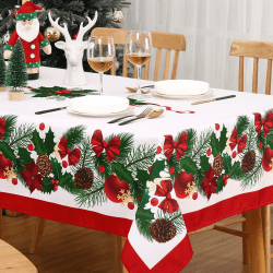 CAROMIO Weihnachtstischdecke, rechteckig, weiß, mit Weihnachtsstern, Schleifen, Stechpalmenbeeren, abwischbare Tischdecke für den Winterurlaub, Weihnachten, Tischdekoration, 137 x 178 cm