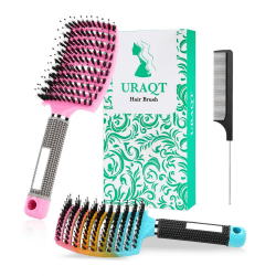 URAQT Haarbürste Ohne Ziepen, Profi Entwirrungsbürste mit Griff für Damen, Herren & Kinder, Wildschweinborsten Haarstyling Bürste für Lange Feine Dicke Lockige Haare (Gradient+Rosa)