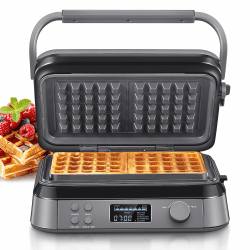 Waffeleisen 1600W, Doppelwaffeleisen für Belgische Waffeln, 5 Programme, 7 Bräunungsstufen, Steuerung über LCD Display, Timer, Praktische Überlaufrille, Edelstahl