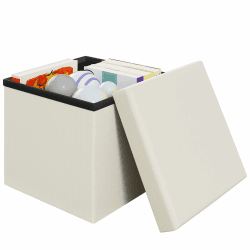 Klihome Sitzhocker mit Stauraum, Kleine Faltbare Sitztruhe, Sitzwürfel aus Leinen, 30x30x30 cm, Aufbewahrungsbox mit abnehmbarem Deckel, gepolsterter Hocker als Fußablage, Creme