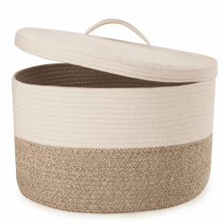 Rieeyrslza Wäschekorb für Decken mit Deckel 32L Gewebter Baumwoll Seil Korb Faltbarer Aufbewahrungskorb mit Hohler Griff, für Wohnzimmer, Platzieren Decken Kissen, 40 x 25cm(Braun)
