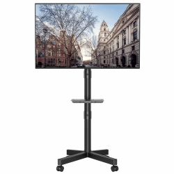 BONTEC TV Ständer auf Rollen, Neigbar, Höhenverstellbarer Rollbarer TV Ständer Rollbar mit Medienablage für 23–60 Zoll LED, LCD, OLED-Flach- und Gebogene Fernseher, hält bis zu 25 kg