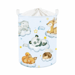 Clastyle 45L Blau Schlafende Tiere Junge Mädchen Wäschekorb Bär Elefant Fuchs Rund Spielzeug Kleidung Aufbewahrungskorb für Kinderzimmer, 36x45 cm