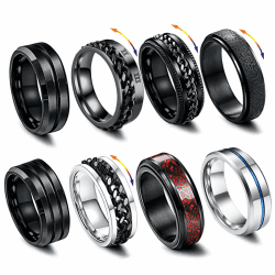 LOCCY Männer Edelstahl Spinner Ringe, 8 Stück Schwarze Spinner Kette Link geformt Band, Edelstahl Spinner Ring Set für Männer Frauen