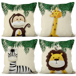 Aoihrraan 40x40cm 4er Set Süß Karikatur Tier Dekorativ Kissenbezug Forest Monkey Giraffe Floral Plant Beige Weicher Kurzer Plüsch Quadratischer Baby Kissenhüllekinder Party Schlafzimmer Sofa Bett