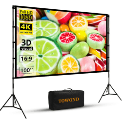 Beamer Leinwand mit Stativ, Towond 100 Zoll Indoor Projektor Tragbare Outdoor Kino, 16:9 HD Rear Front Garten Projektion mit Tragetasche für Home Party Theater Nächte