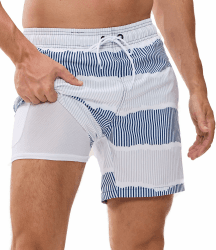 Badehose Herren Badeshorts 2-in-1 Schnelltrocknend Badehose für Herren Badehosen Schwimmhose Männer Badehose mit Innenhose und Reißverschlusstaschen XXL Weiß-blaue Streifen