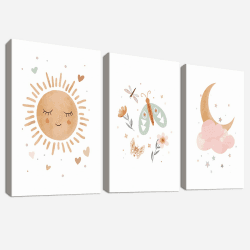 3Pcs Sonne Mond Wolken Mit Rahmen Leinwand Bilder Minimalistische Bunte Schmetterlinge Blume Bild auf Leinwand Malerei Wandbilder Wohnzimmer Schlafzimmer Kinderzimmer Wanddeko 120x60cm (16"x24"x3pcs)