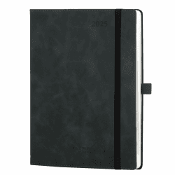 POPRUN Kalender 2025 Buchkalender Softcover mit PU-Leder, ca. A5 (22 x 16,5 cm) - Terminplaner, Wochenplaner Notizbuch (Jan.2025-Dez.2025) mit 100 GSM Papier - EU-25-C6NLO7-BK