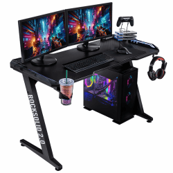 ELITE Gaming Tisch mit LED | RGB Beleuchtung mit Fernbedienung - Schreibtisch - Computertisch - Bürotisch - PC Tisch - Arbeitstisch - Gamingtisch - Gamer Tisch - Headsethalterung - Kabelkanal (EVO)