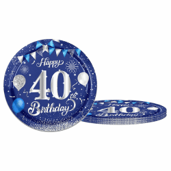 Pappteller 40. Geburtstag, 16 Stück Pappteller zum 40 Geburtstag,23cm Blau Silber Happy 40th Birthday Einwegteller Pappteller 9 Zoll für Party Dekoration 40 Geburtstag Mann Frau, Jubiläum Silberne