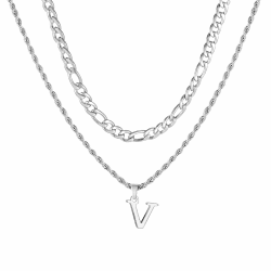 APMGONT Herren Initial Halskette, Edelstahl Silber Figaro Kette Twist Seil Link Kette mit A-Z Letter Kette Halskette für Männer Papa Freund Geburtstag Vatertag Geschenk Silber V