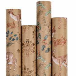RUSPEPA Kraftpapier-Weihnachtspapierrolle – Rentier- und Stechpalmen-Feiertagsdesign – 4 Rollen – 43,5 x 305 cm pro Rolle
