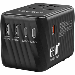 LENCENT Internationaler Reiseadapter, 65W GaN3 Universeller Adapter mit 2 USB A+3 Typ C PD, Weltweiter Stromadapter für Handys, Laptops, All in One Reisestecker für EU/USA/UK/AU Steckdosen, Schwarz