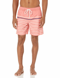 Amazon Essentials Herren Badehose, Schnell Trocknend, 18 cm - Auslauffarben L Blau Korallenrosa Platzierter Streifen