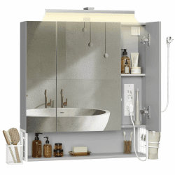 VASAGLE Badezimmerschrank mit 3 Türen, Spiegelschrank, Wandschrank, Steckdosen, Hängekorb, Haartrockner-Halter, viel Stauraum, für Badezimmer, 16,5 x 70 x 75 cm, wolkenweiß-Taubengrau BBK126G01