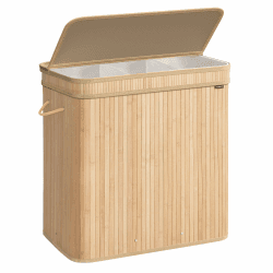 SONGMICS Wäschekorb mit Deckel, Wäschesammler Bambus, Wäschesack herausnehmbar und maschinenwaschbar, mit Griffen, 150 Liter, für Waschküche, Schlafzimmer, Wohnzimmer, naturbeige LCB062N01