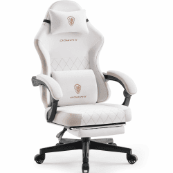 Dowinx Gaming Stuhl Stoff mit Frühling Kissen, Massage Lendenwirbelstütze Bürostuhl mit Fußstütze für Erwachsene, Ergonomischer Gaming Sessel Groß und Hoch für Office Gaming 135KG, Beige