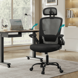SONGMICS Bürostuhl ergonomisch, Drehstuhl mit Mesh, Lenden- und Kopfstütze, Wippfunktion, 53 cm große Sitzfläche, klappbare Armlehnen, Arbeits- und Schlafzimmer, Studenten, tintenschwarz OBN047B01