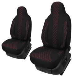 Maß Sitzbezüge Schonbezüge Pilotsitze Fahrer & Beifahrer Set kompatibel mit Wohnmobil FIAT Ducato, Pössl, Knaus, Adria, Carthago, Pilote Laika WPL402 Schwarz/Rote Naht