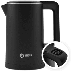 Balter Edelstahl Wasserkocher mit Temperatureinstellung, 40°C-100°C, Doppelwand, BPA frei, elektrischer Wasserkocher, Teekocher Kompakt, 1,7L, 2200W, leise, Schwarz