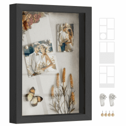 SONGMICS Bilderrahmen, 3 Passepartouts, Fotorahmen zum Befüllen, 4 Stecknadeln, Collage für Bilder 10,2 x 15,2 cm, 10,2 x 10,2 cm, 2 spurenlose Wandhaken, aschschwarz RPF019B01