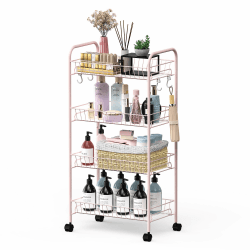 Mythinglogic Rollwagen 4 Ebenen, Metall Aufbewahrungswagen auf Rollen, Servierwagen Küchenwagen Organizer Wagen mit Haken für Badezimmer, Schlafzimmer, Waschküche,Wohnzimmer (rosa)