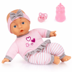 Bayer Design 93003AD Babypuppe, Kuschelpuppe, Spielpuppe, weicher Körper, mit Schnuller und Flasche, 30 cm, Lila