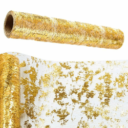 Mtsooning 28cm x 15Yards Gold Tischläufer, Glänzend Tischband, Folie Metallisches Dünner Netz Tischläufer Rolle für Hochzeit, Party, Geburtstag, Weihnachten