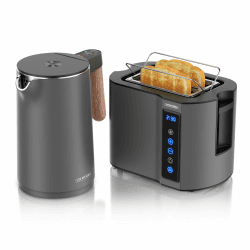 Arendo - Wasserkocher Toaster SET - Edelstahl - Wasserkocher mit Temrpatureinstellung - 45-100 Grad - Warmhaltefunktion - Toaster 2 Scheiben mit Touch Display - mit Brötchaufsatz - Cool Grey Design