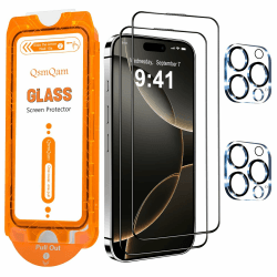 QsmQam für iPhone 16 Pro Max für Panzerglas + Kamera Schutzfolie, Militärstandard Bruchsicherer, [Full Screen], Ultra Top 9H+ Glas, Auto-Installation, mit Auto-Staubentfernung [2+2 Stück]