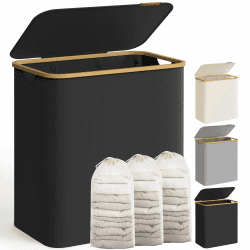 SONGMICS Pfandflaschen Sammelbehälter，Wäschekorb mit Deckel, Wäschesammler mit 3 Fächern, 150 L, herausnehmbarer Wäschesack, Griffe aus Bambus, 60 x 38,5 x 70,5 cm, tintenschwarz LCB515B01