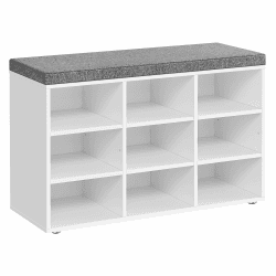 VASAGLE Schuhbank, Schuhregal mit Sitzfläche, Sitzbank mit Stauraum, Kissen, 9 Fächer, verstellbare Ablagen, für Wohnzimmer, Flur, 30,3 x 78,5 x 48 cm, wolkenweiß-Taubengrau LHS009W14