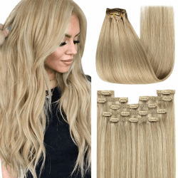 YoungSee 120g Echthaar Extensions Clip Blond 50 cm Goldblond Strahnchen Mittelblond Clip in Extensions Echthaar Blond Voller Kopf Clip in Extensions Dunkelblond Clip in Haare #16/22 50 cm-120g 1-Clip-1-#16/22