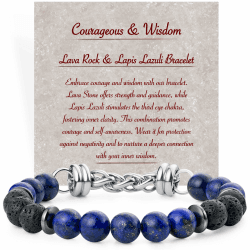 Farfume 8mm Perlenarmbänder für Männer, Kristall Naturstein Stretch Kubanische Kette Armband Edelstein Gliederarmband Geschenke für Freund Vater Ehemann Sohn Lava & Lapislazuli(Mutig & Weisheit) L 20.3cm