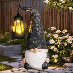 JJALIGHTS Solar Gartenzwerg mit Laterne – Zwerg Gartendeko Figuren Wetterfest Solar Zwerg Gartenstatuen für Draußen Balkon Terrassen Geschenke für Frauen Männer Mama Geburtstag 27CM