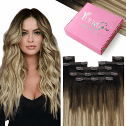 YoungSee Clip in Extensions Echthaar Balayage 40 cm Echthaar Extensions Clip Braun Balayage Blond Remy Extensions Echthaar Clip Balayage Haarverlangerung Echthaar Clip fur Damen 120g #2/6/24 40 cm-120g 1-Clip-2-#2/6/24