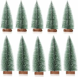 NIEEKRUN 10 Stück Mini Weihnachtsbäume, Künstliche Kiefern mit Holzsockel und Schnee-Effekt, DIY Kleine Tannenbäume Grün für Weihnachtsdeko und Party