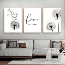 Martin Kench 3er Poster Set Modern Schwarz Weiß Leinwandbilder Wandbilder, Löwenzahn Bilder Set Kunstdrucke Wandposter für Wohnzimmer,Ohne Rahmen (30x40cm)