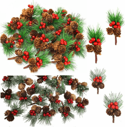 Ayuanb 20 STK Tannenzweige Künstlich, Kleine Tannenzapfen und Mini Rot Holly Beeren, eihnachten Tannenzweige Tischdeko,Tannenzweige mit Zapfen Weihnachtszweige Künstlich Deko