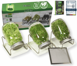 Green SEEDS® [Das Original Sprossenglas 3er Set + KRESSESIEB | 1000ml mit hochwertigem Edelstahl-Gitterdeckel, Ständer, Keramikschale + Sprossen-ABC [Druckversion] Keimglas Anzuchtschale Kresseschale
